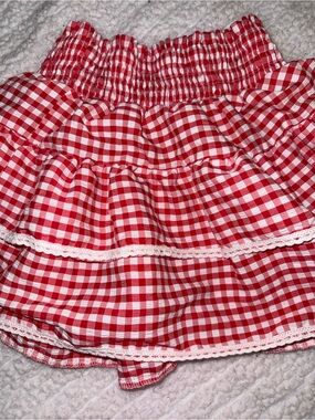 Red Gingham Tiered Skirt with Lace Trim